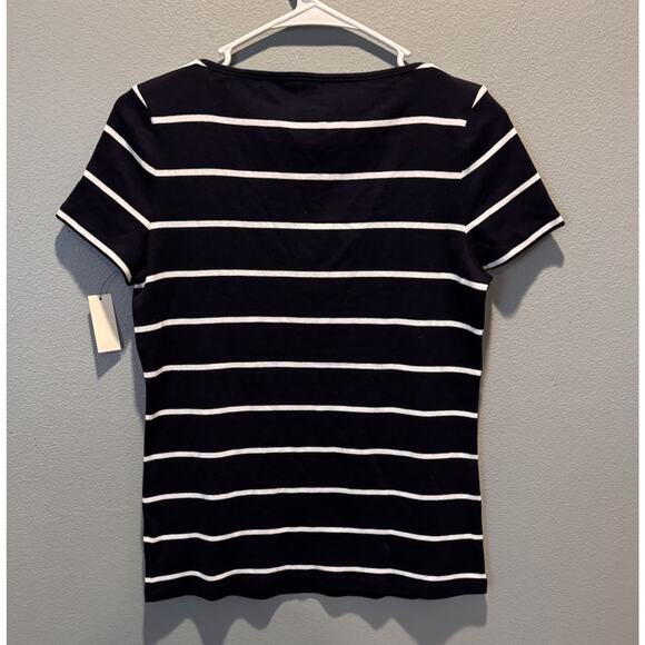 NWT Talbots Women's Petite M T-Shirt 100% Pima Cotton Navy Striped Embroidered - Picture 3 of 4